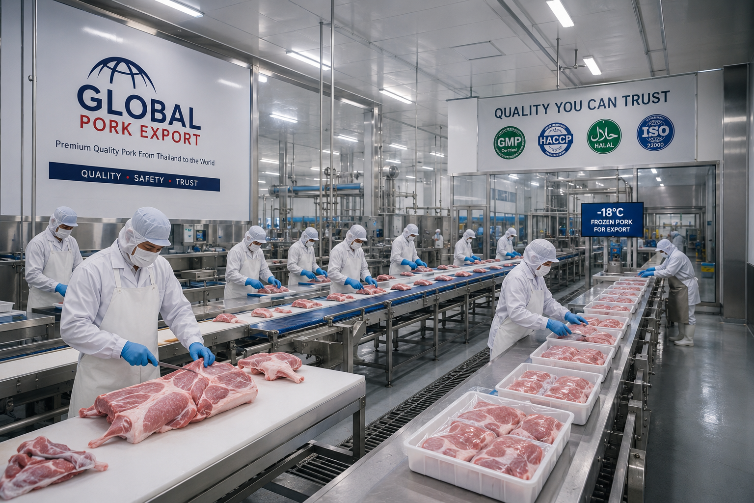 Modern pork processing plant in Thailand - HACCP and ISO 22000 certified facility with stainless steel equipment